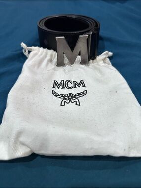 MCM Black Leather Belt with Silver M Logo Buckle